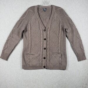Market & Spruce Brown Cable Knit Cardigan L Suede Elbow Patch Grandpa Sweater